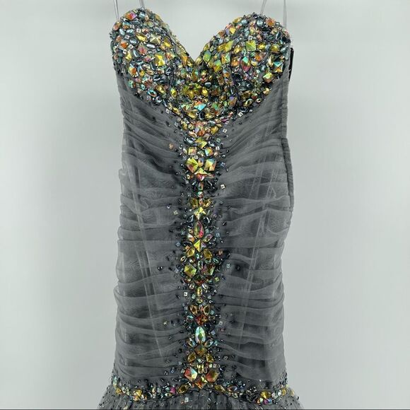Jovani Pewter Beaded Strapless Prom Gala Pageant Mermaid Evening Gown Size 0 - Picture 4 of 17